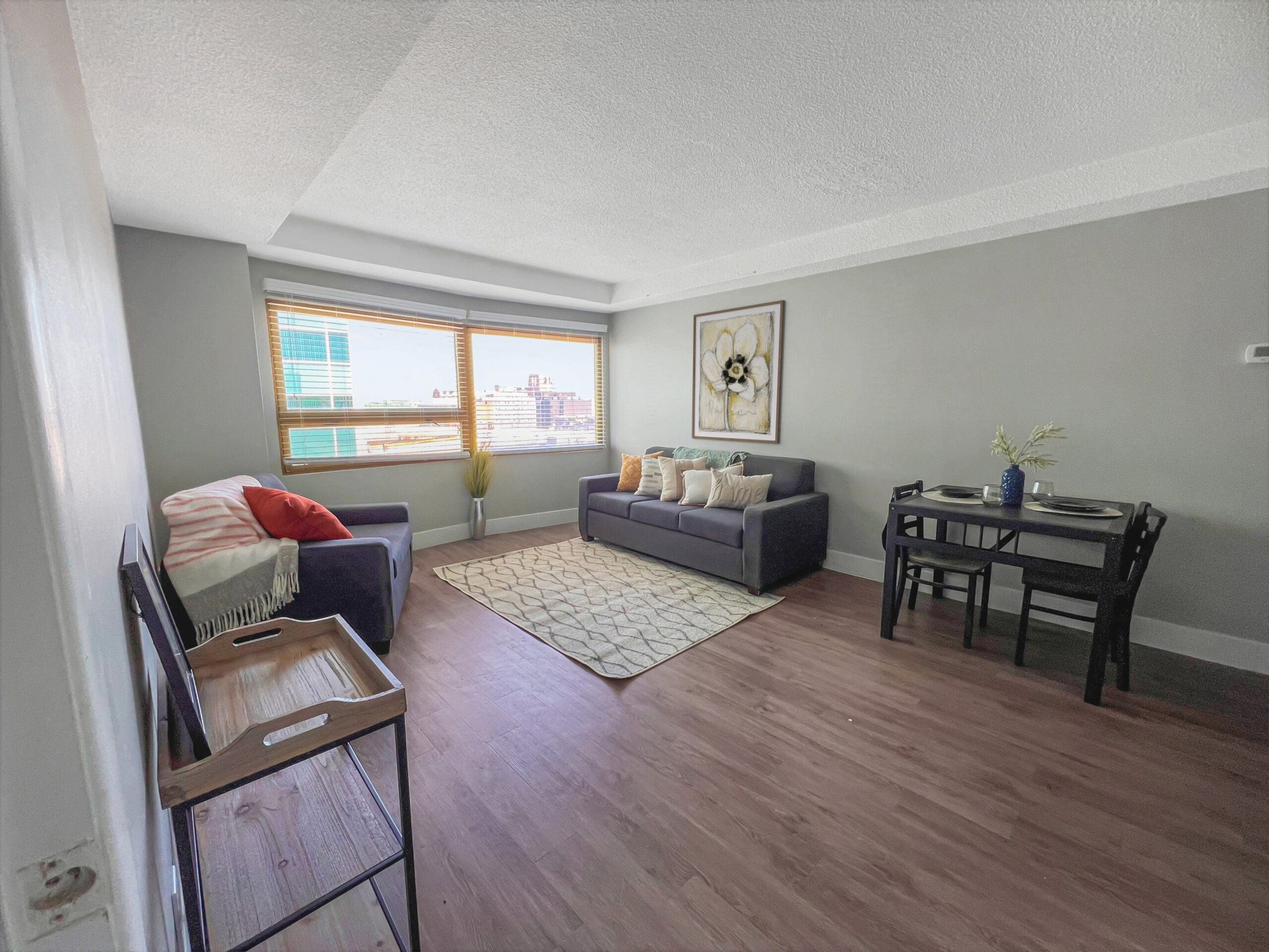 bright apartment living room hardwood floors gray couch