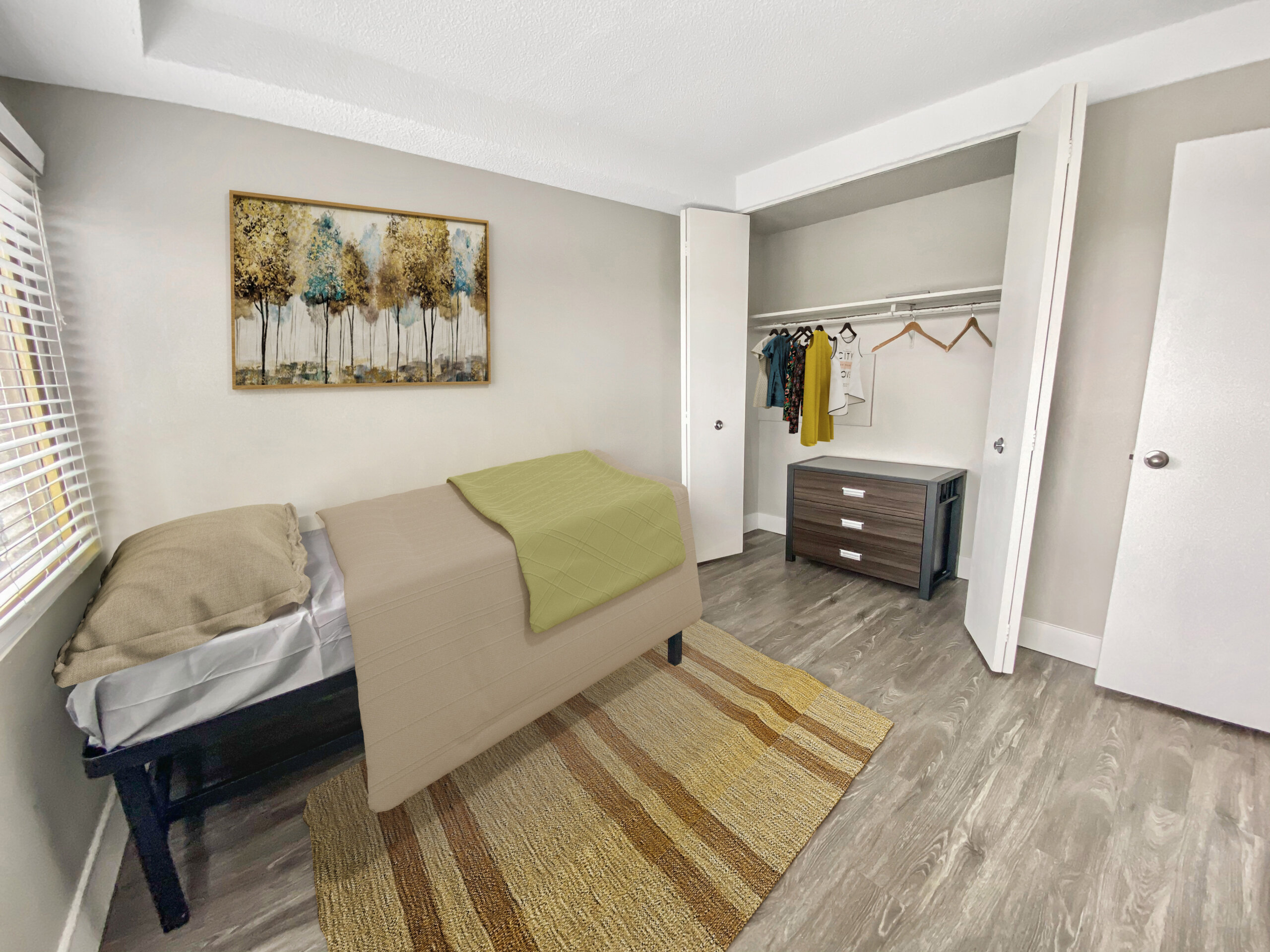 cozy apartment bedroom twin bed closet storage