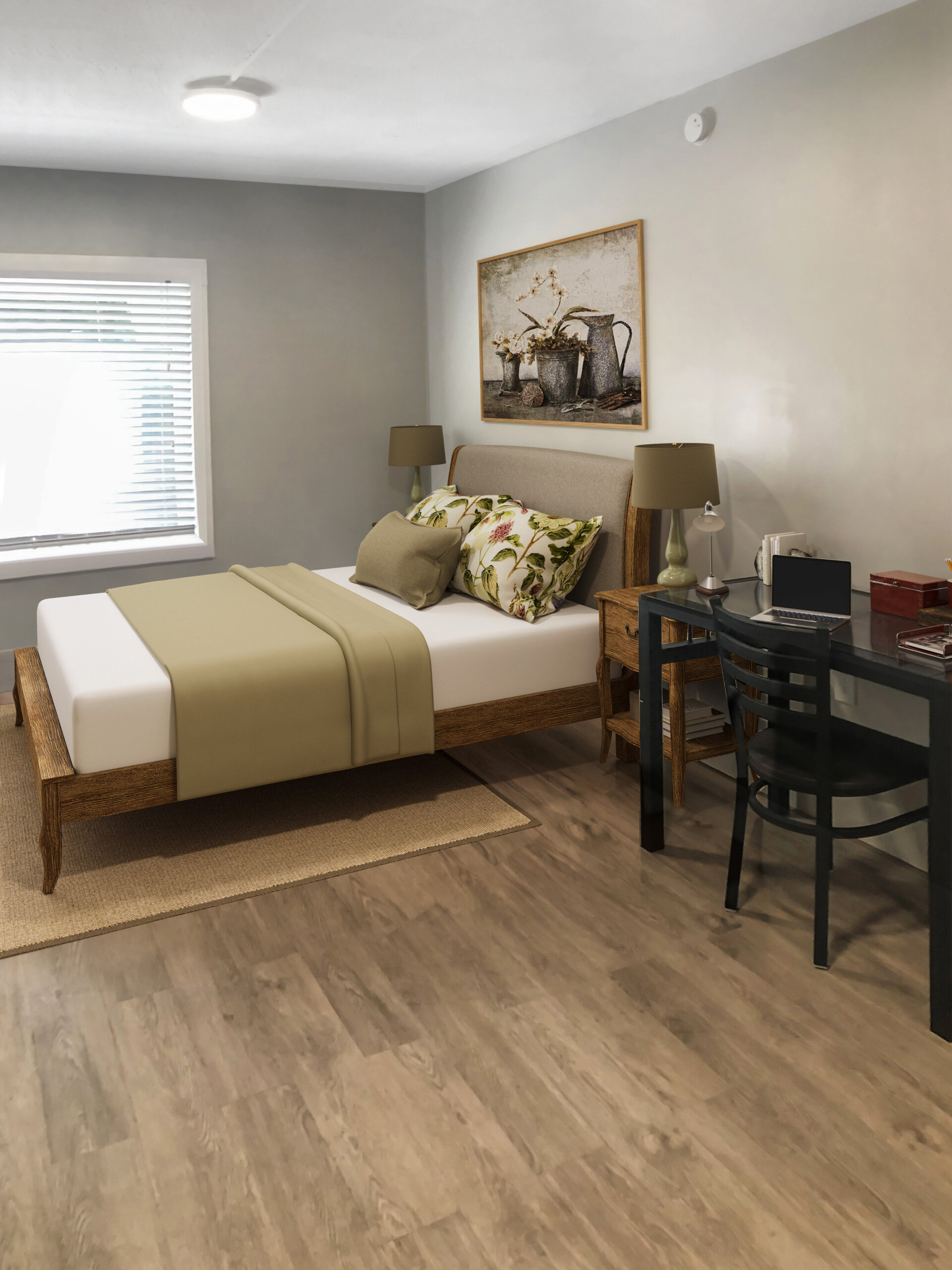 furnished townhome bedroom bed nightstands study desk