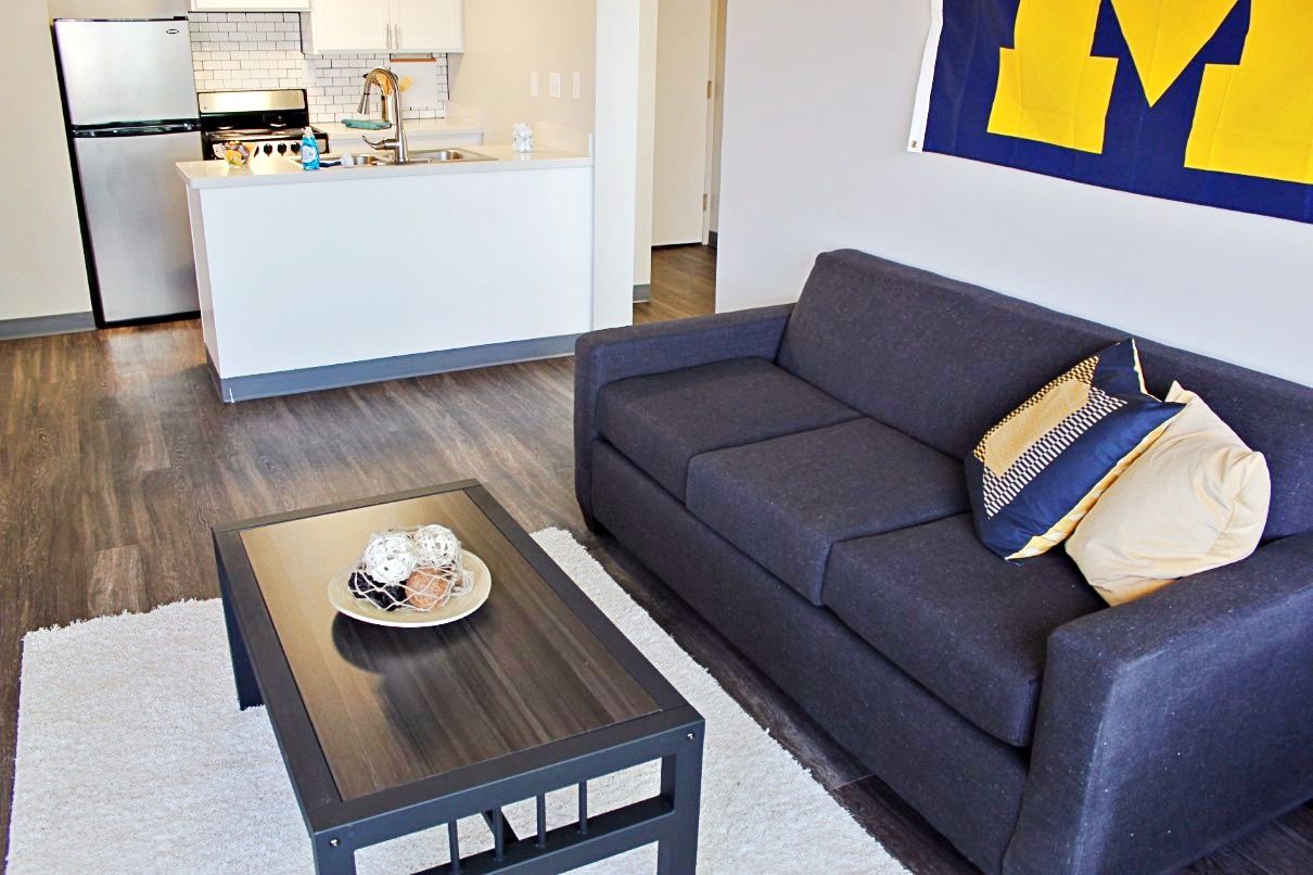 open concept living room kitchen view gray sofa