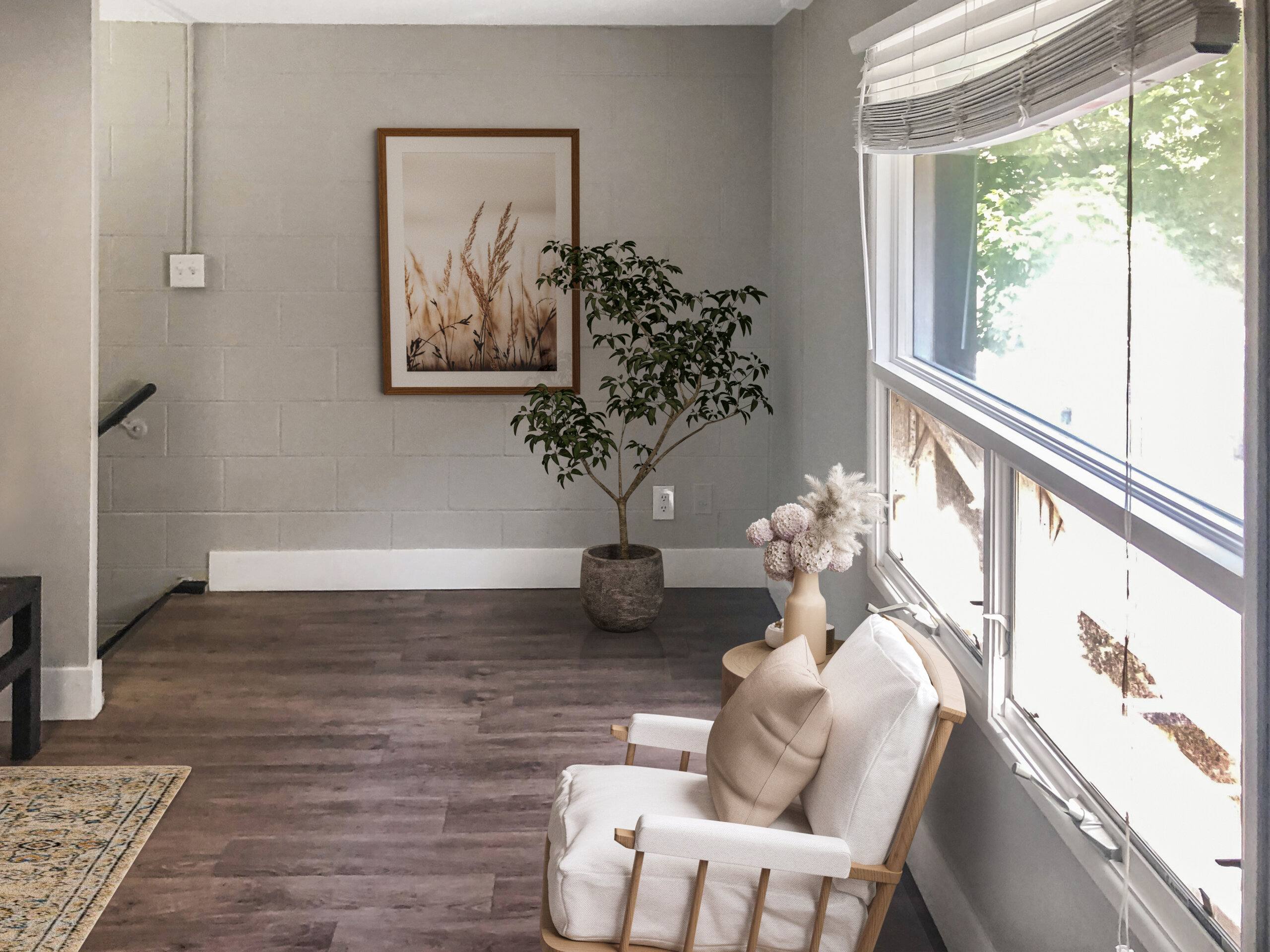 sunlit sitting nook townhome lounge white armchair