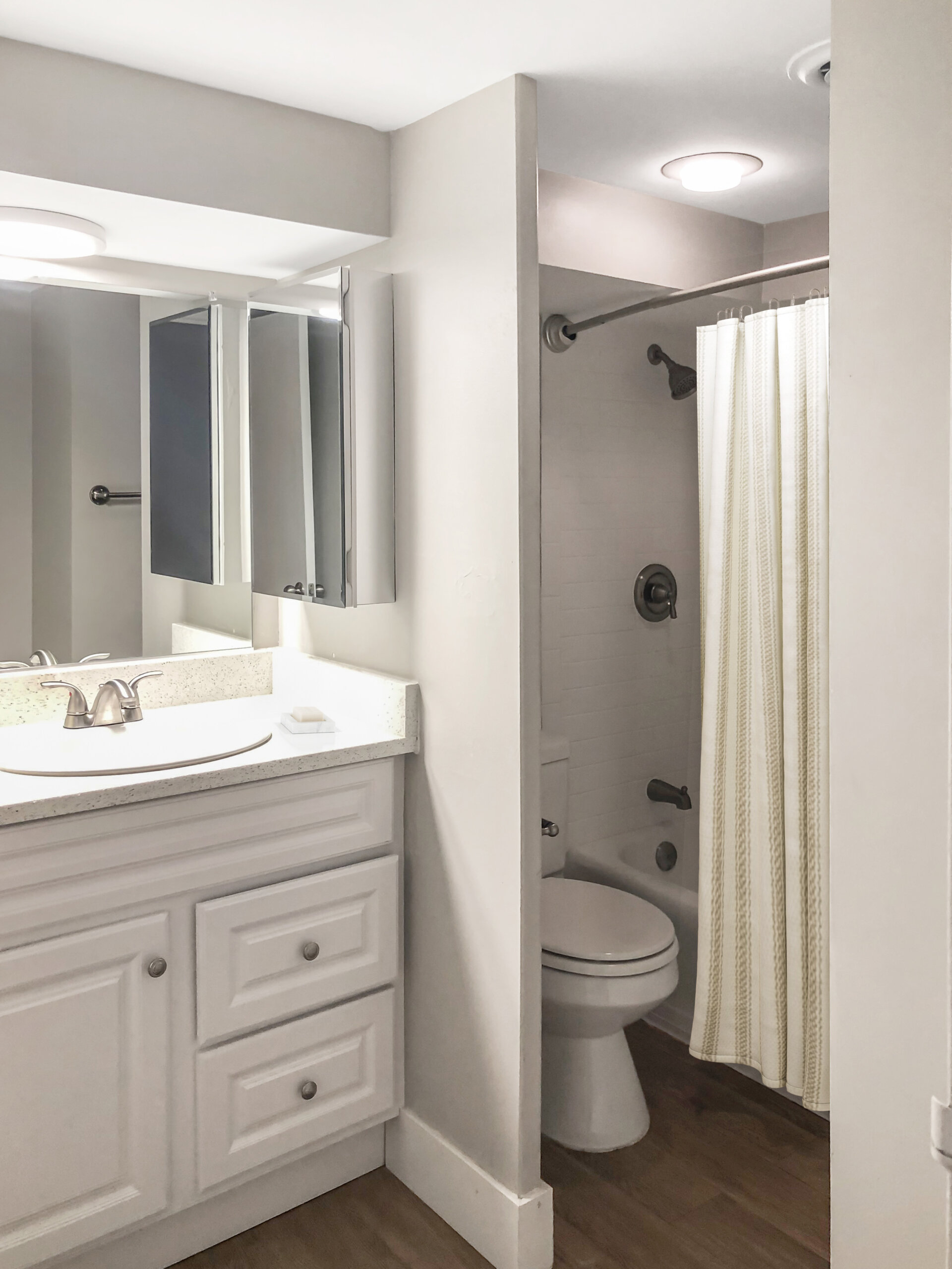 townhome bathroom white vanity medicine cabinet