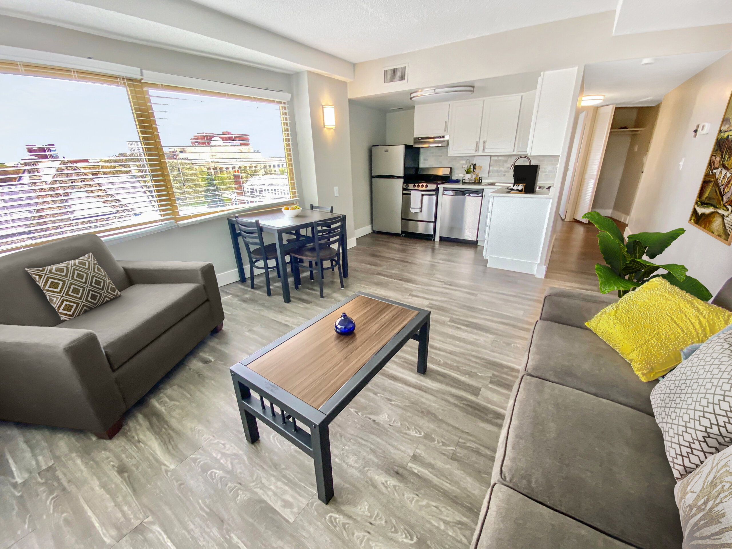 wide angle open plan apartment living space